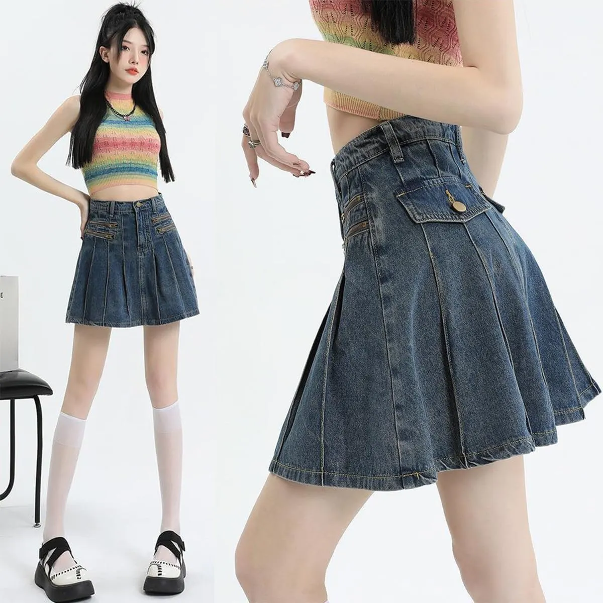Women's Casual Ruffle Pleated Denim Skirt Women's Casual Slim A-line Pleated Ruffle Short Mini Denim Skirts