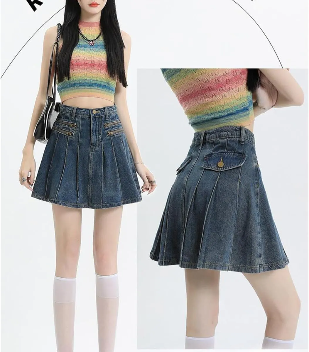 Women's Casual Ruffle Pleated Denim Skirt Women's Casual Slim A-line Pleated Ruffle Short Mini Denim Skirts