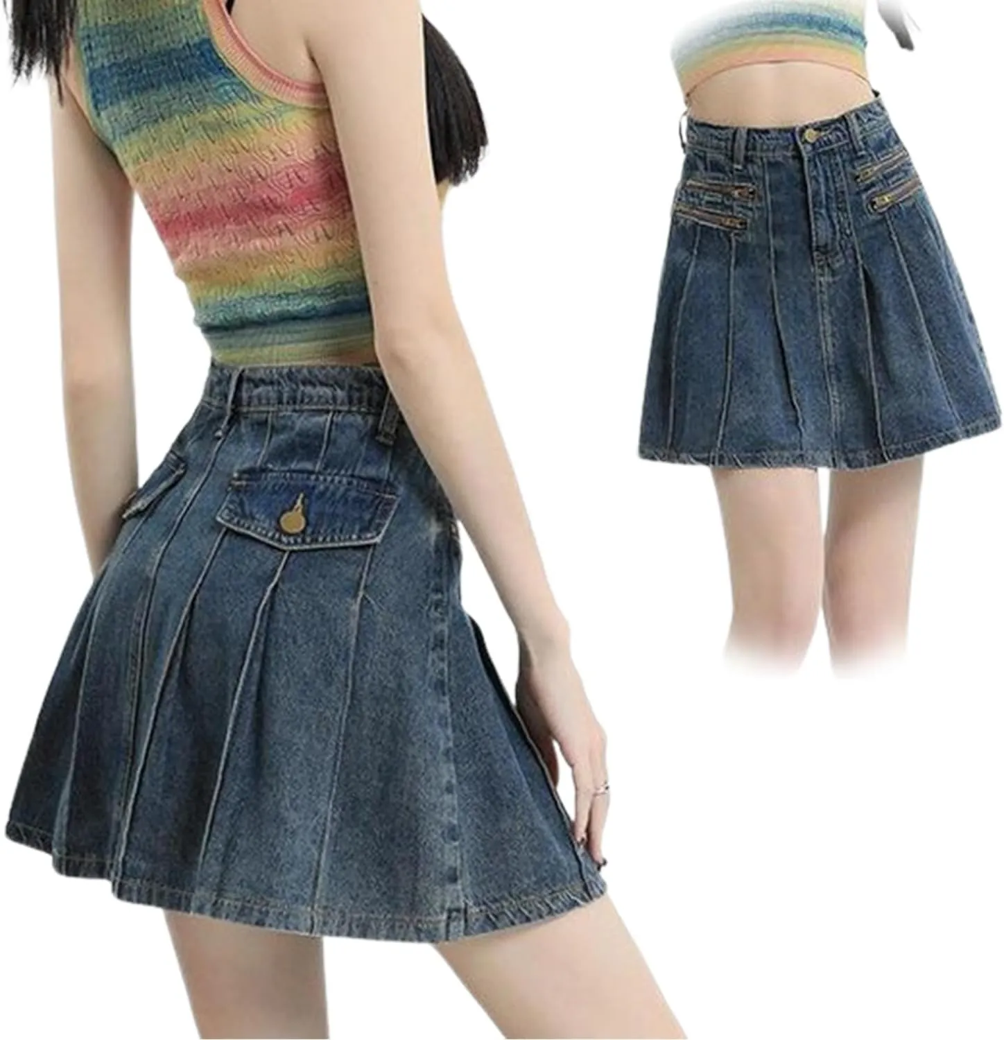 Women's Casual Ruffle Pleated Denim Skirt Women's Casual Slim A-line Pleated Ruffle Short Mini Denim Skirts
