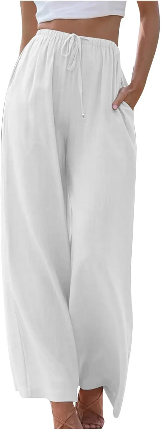 Women's Casual Solid Color Linen Trousers Comfortable Elastic High Waist Wide Leg Casual Straight Length Pants 2025