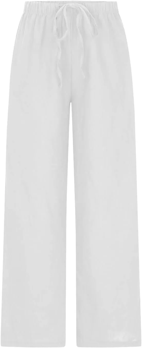 Women's Casual Solid Color Linen Trousers Comfortable Elastic High Waist Wide Leg Casual Straight Length Pants 2025