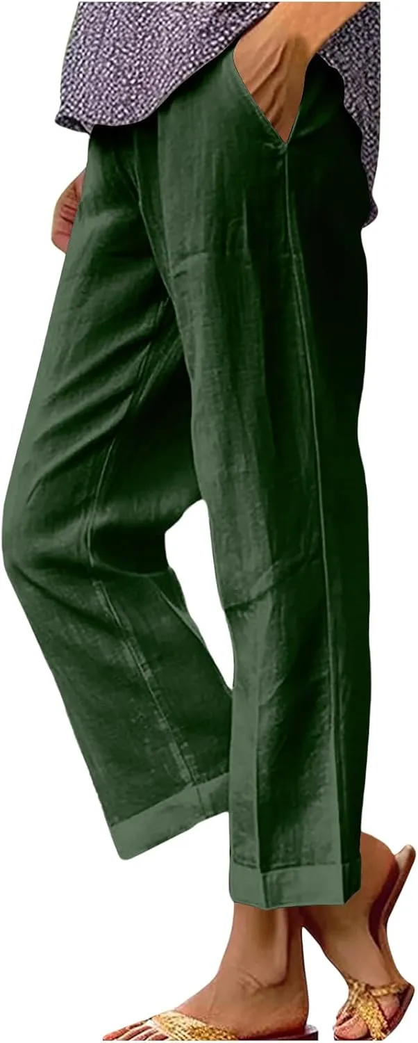 Women's Cotton and Linen Pants Summer Straight Loose Comfortable Work Lounge Beach Trousers with Pockets