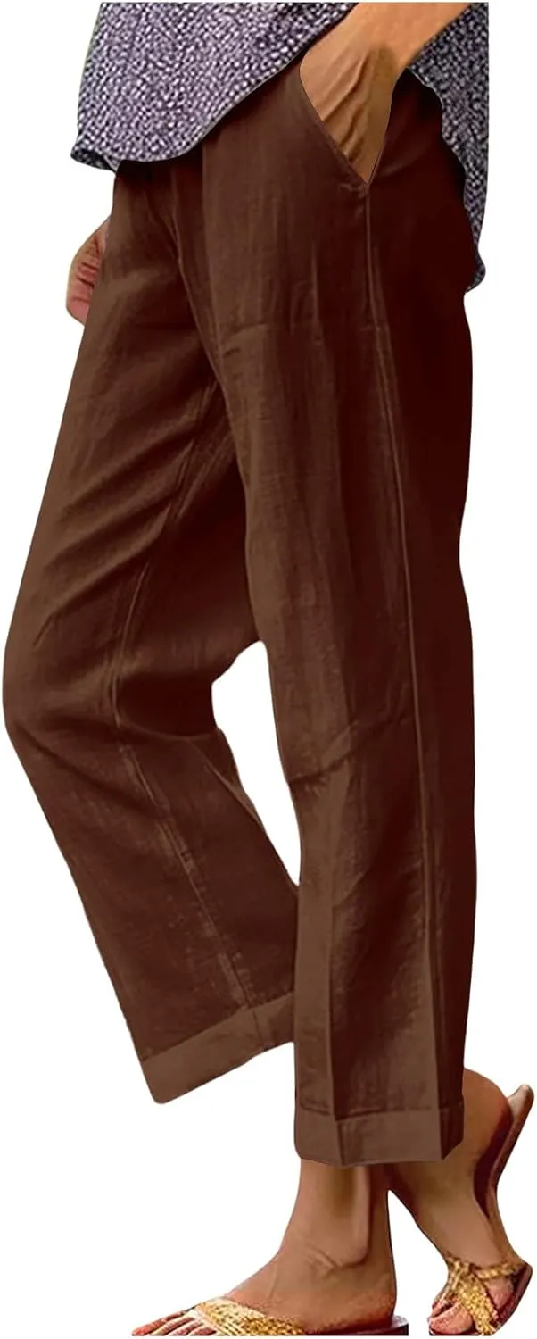 Women's Cotton and Linen Pants Summer Straight Loose Comfortable Work Lounge Beach Trousers with Pockets
