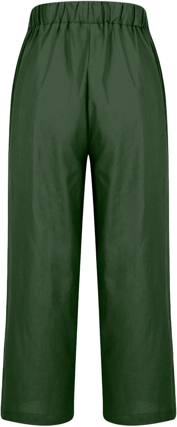 Women's Cotton and Linen Pants Summer Straight Loose Comfortable Work Lounge Beach Trousers with Pockets