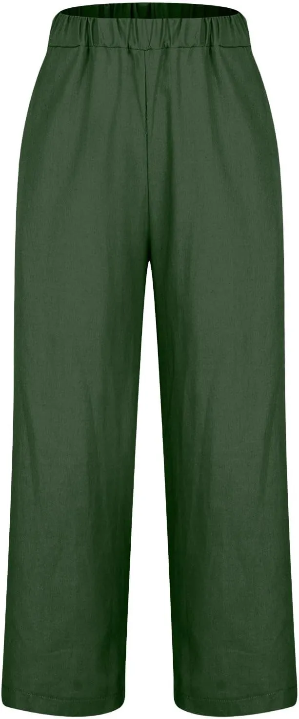Women's Cotton and Linen Pants Summer Straight Loose Comfortable Work Lounge Beach Trousers with Pockets