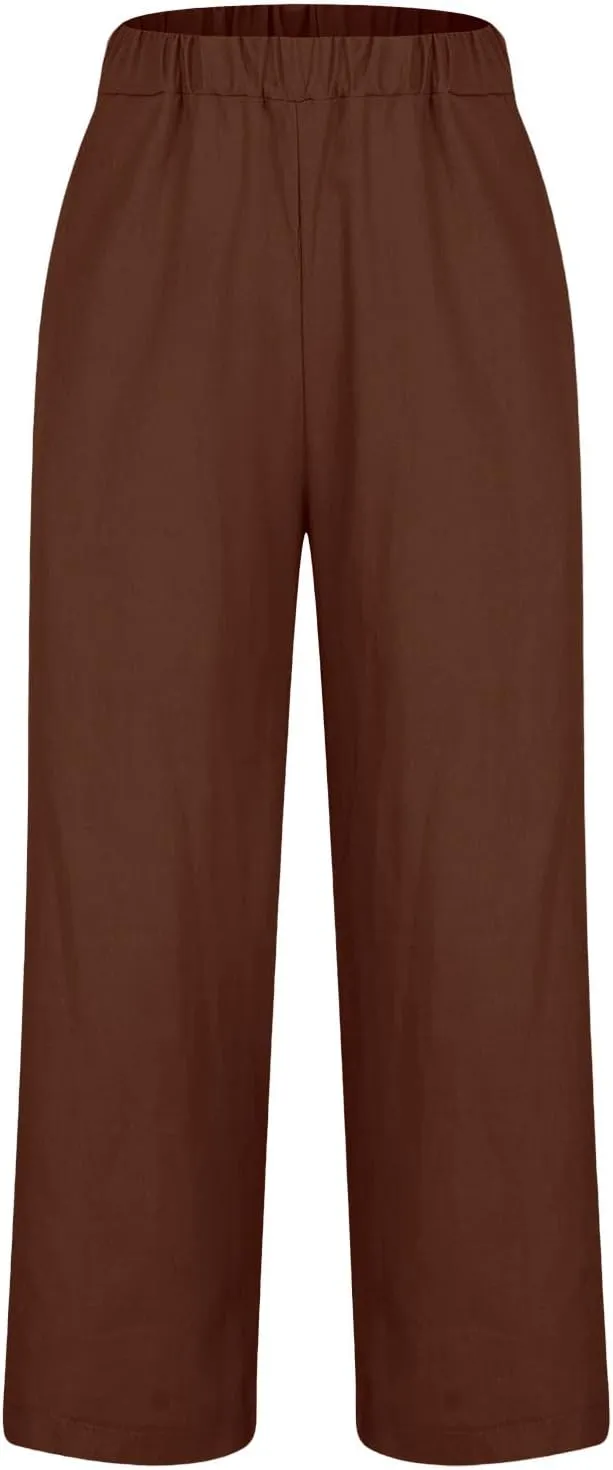 Women's Cotton and Linen Pants Summer Straight Loose Comfortable Work Lounge Beach Trousers with Pockets