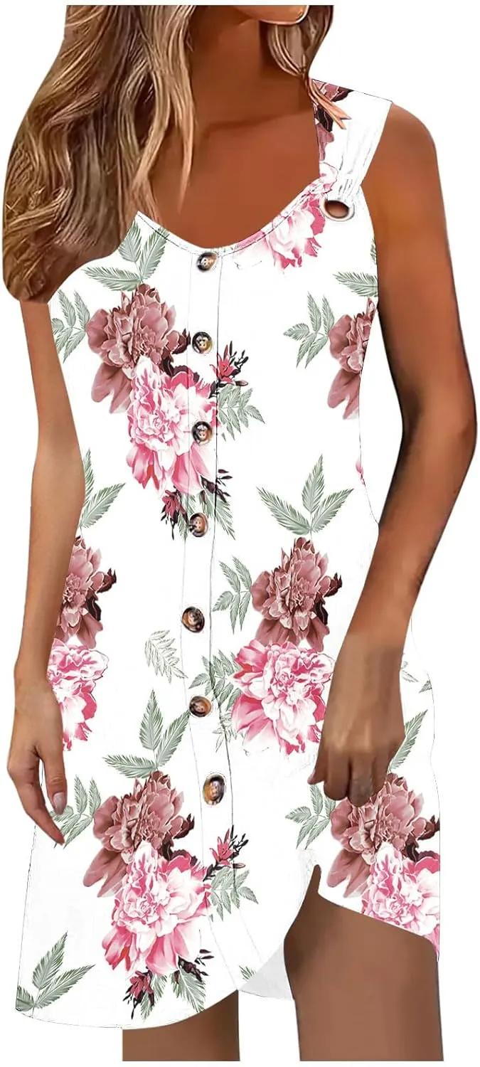Women's Crewneck Sleeveless Sundress Boho Floral Print Beach Dresses Loose Fit Trendy Comfortable Clothing