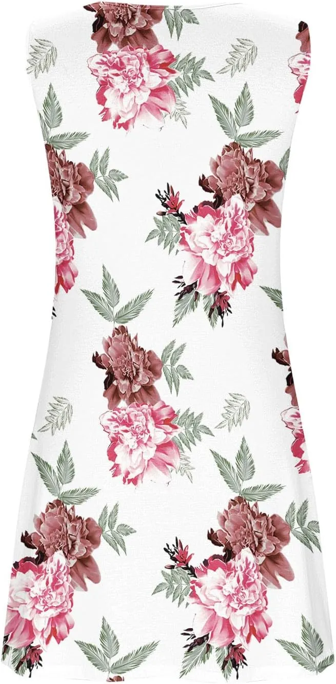 Women's Crewneck Sleeveless Sundress Boho Floral Print Beach Dresses Loose Fit Trendy Comfortable Clothing