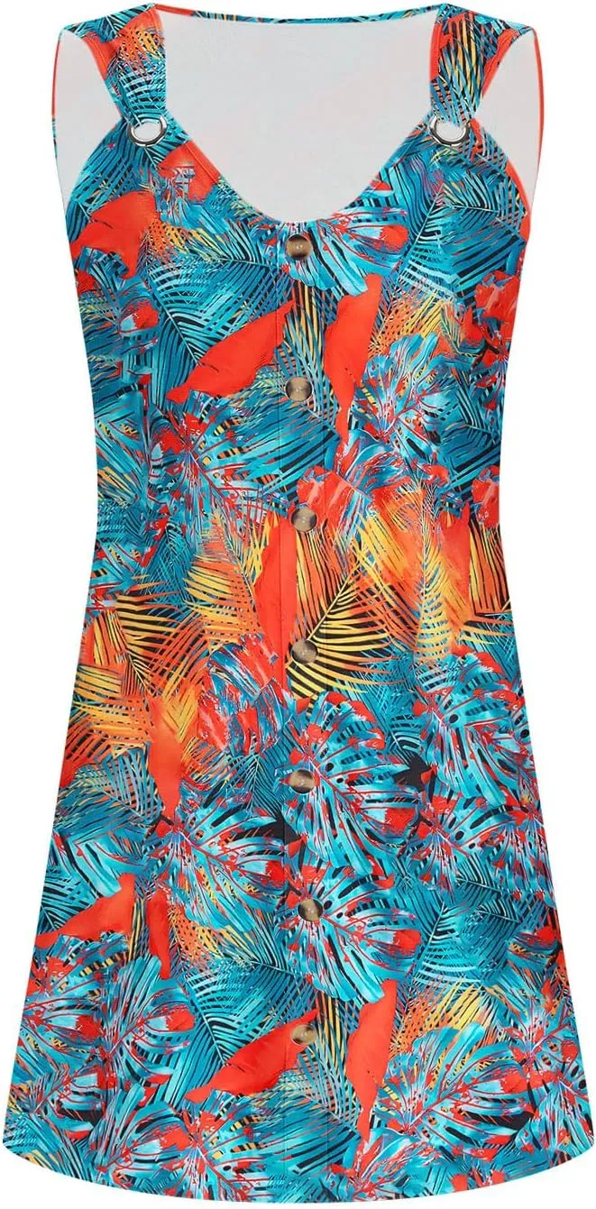Women's Crewneck Sleeveless Sundress Boho Floral Print Beach Dresses Loose Fit Trendy Comfortable Clothing