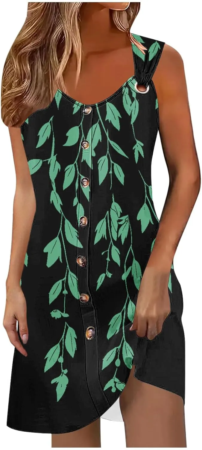 Women's Crewneck Sleeveless Sundress Boho Floral Print Beach Dresses Loose Fit Trendy Comfortable Clothing