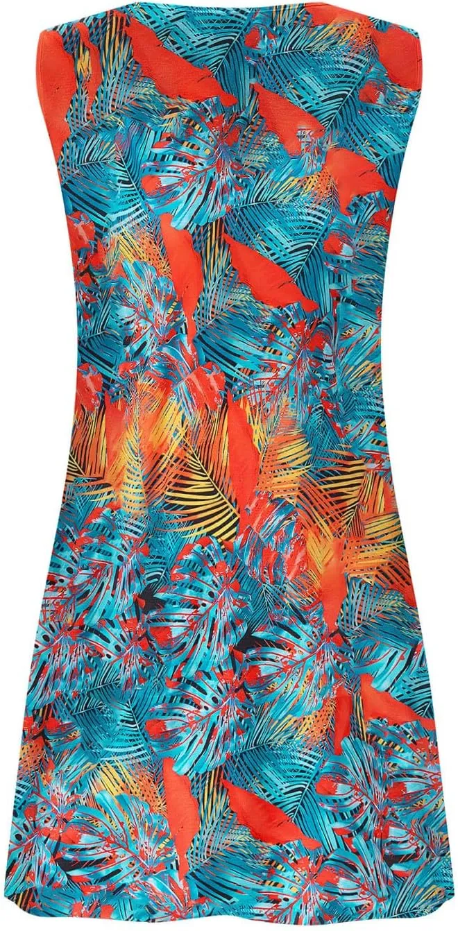 Women's Crewneck Sleeveless Sundress Boho Floral Print Beach Dresses Loose Fit Trendy Comfortable Clothing