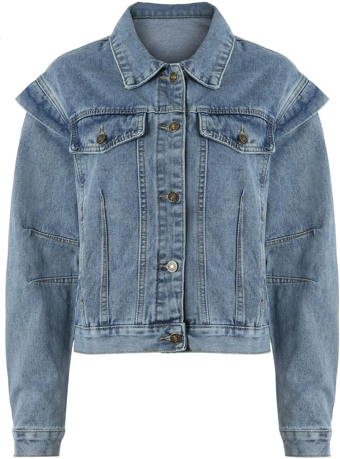 Womens Cropped Denim Jacket Distressed Washed Jean Jacket Casual Button Down Light Jackets Long Sleeve Trucker Coat