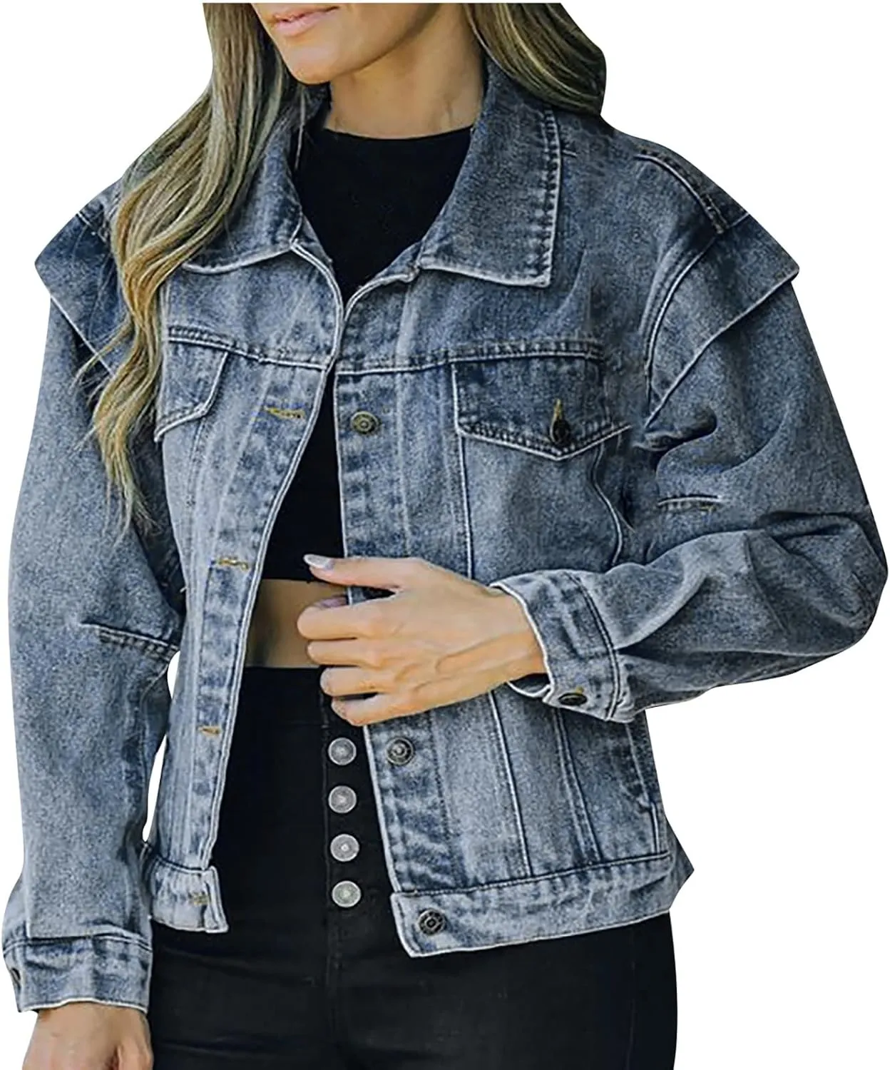 Womens Cropped Denim Jacket Distressed Washed Jean Jacket Casual Button Down Light Jackets Long Sleeve Trucker Coat