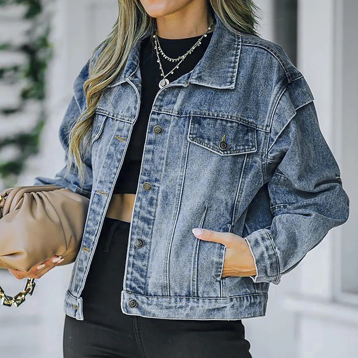 Womens Cropped Denim Jacket Distressed Washed Jean Jacket Casual Button Down Light Jackets Long Sleeve Trucker Coat
