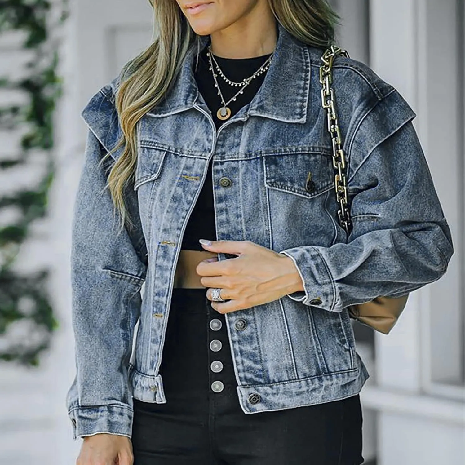 Womens Cropped Denim Jacket Distressed Washed Jean Jacket Casual Button Down Light Jackets Long Sleeve Trucker Coat