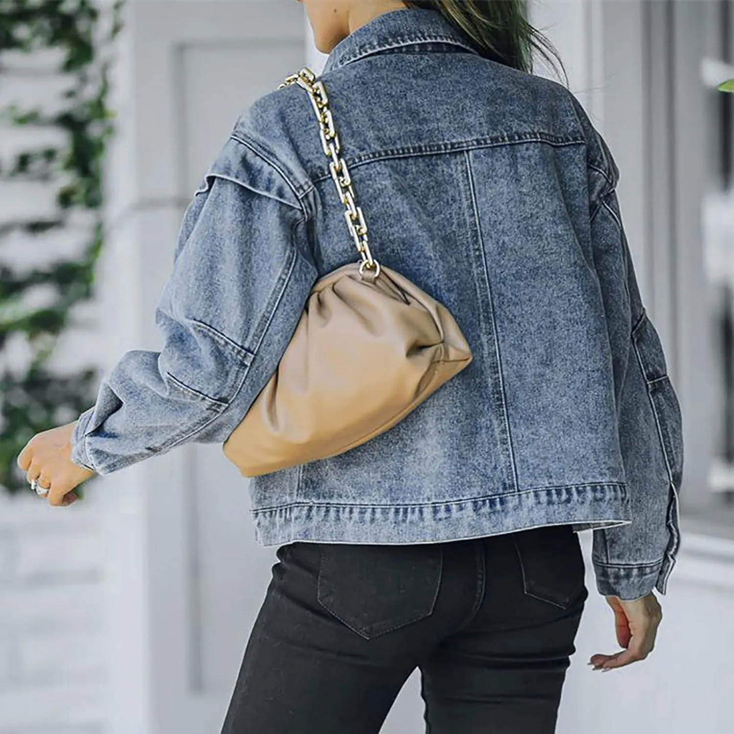 Womens Cropped Denim Jacket Distressed Washed Jean Jacket Casual Button Down Light Jackets Long Sleeve Trucker Coat