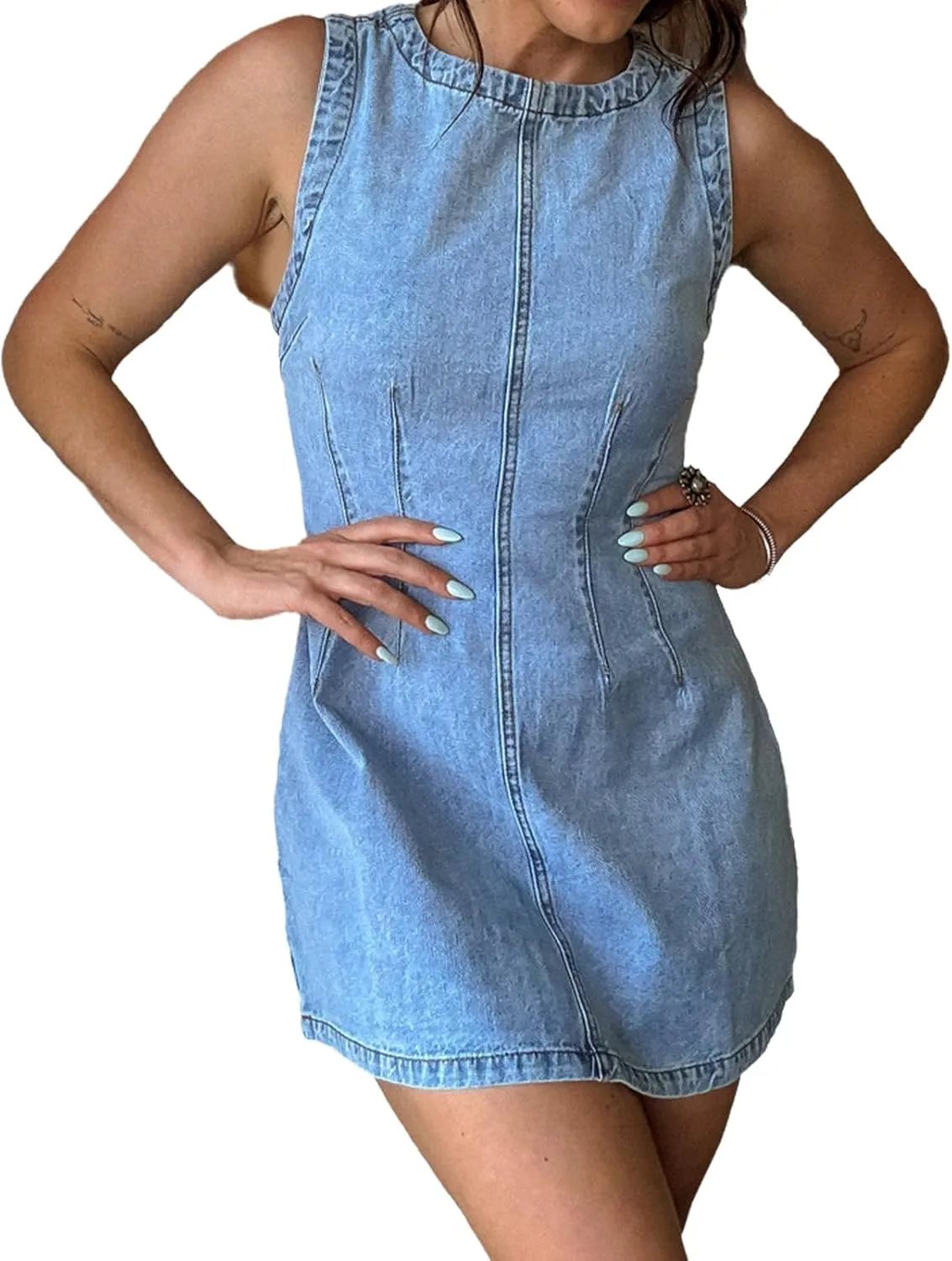 Womens Denim Dress Sleeveless Crewneck Bodycon Denim Mini Dress 2025 Summer Casual Jean Dresses