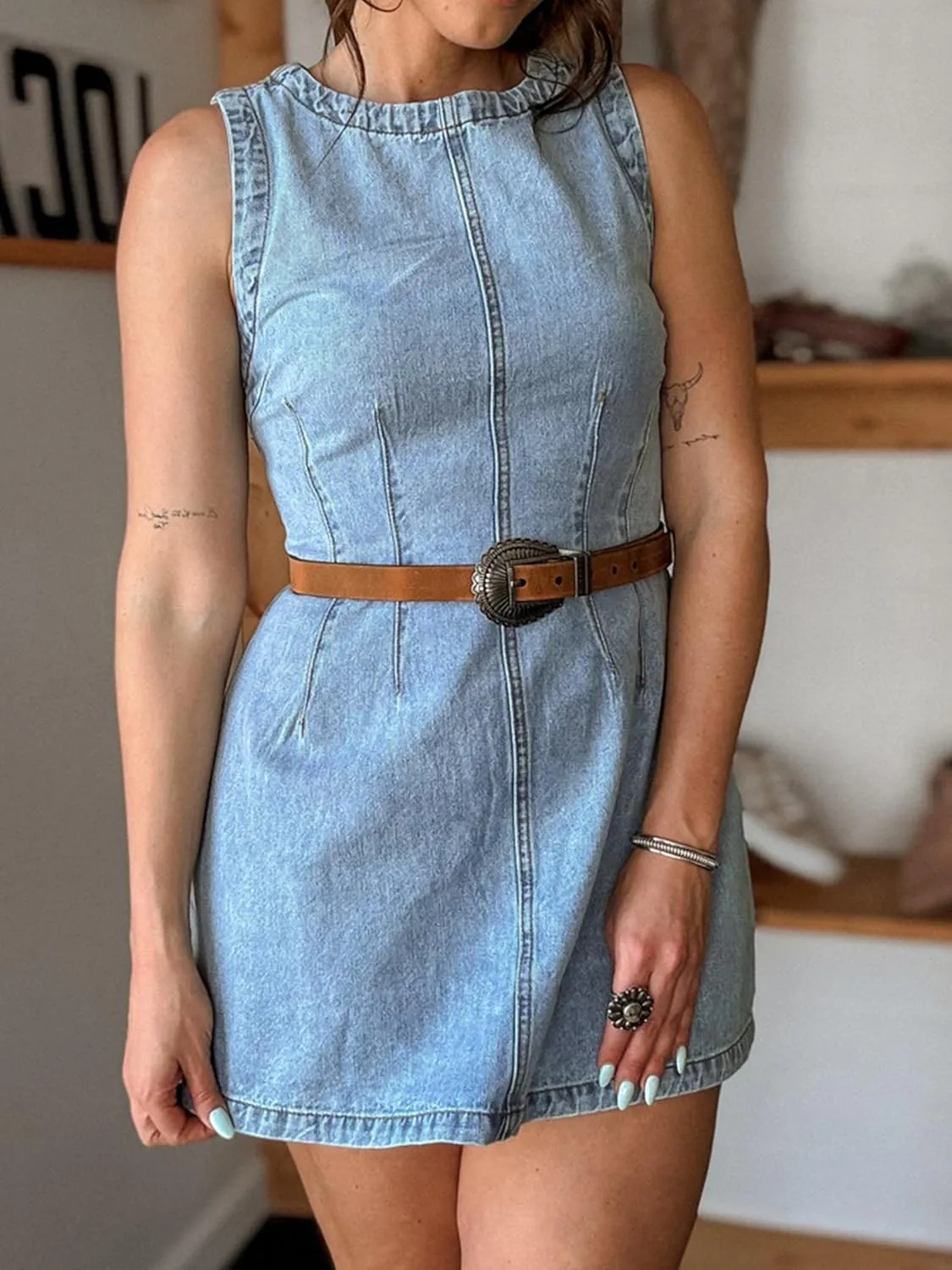 Womens Denim Dress Sleeveless Crewneck Bodycon Denim Mini Dress 2025 Summer Casual Jean Dresses