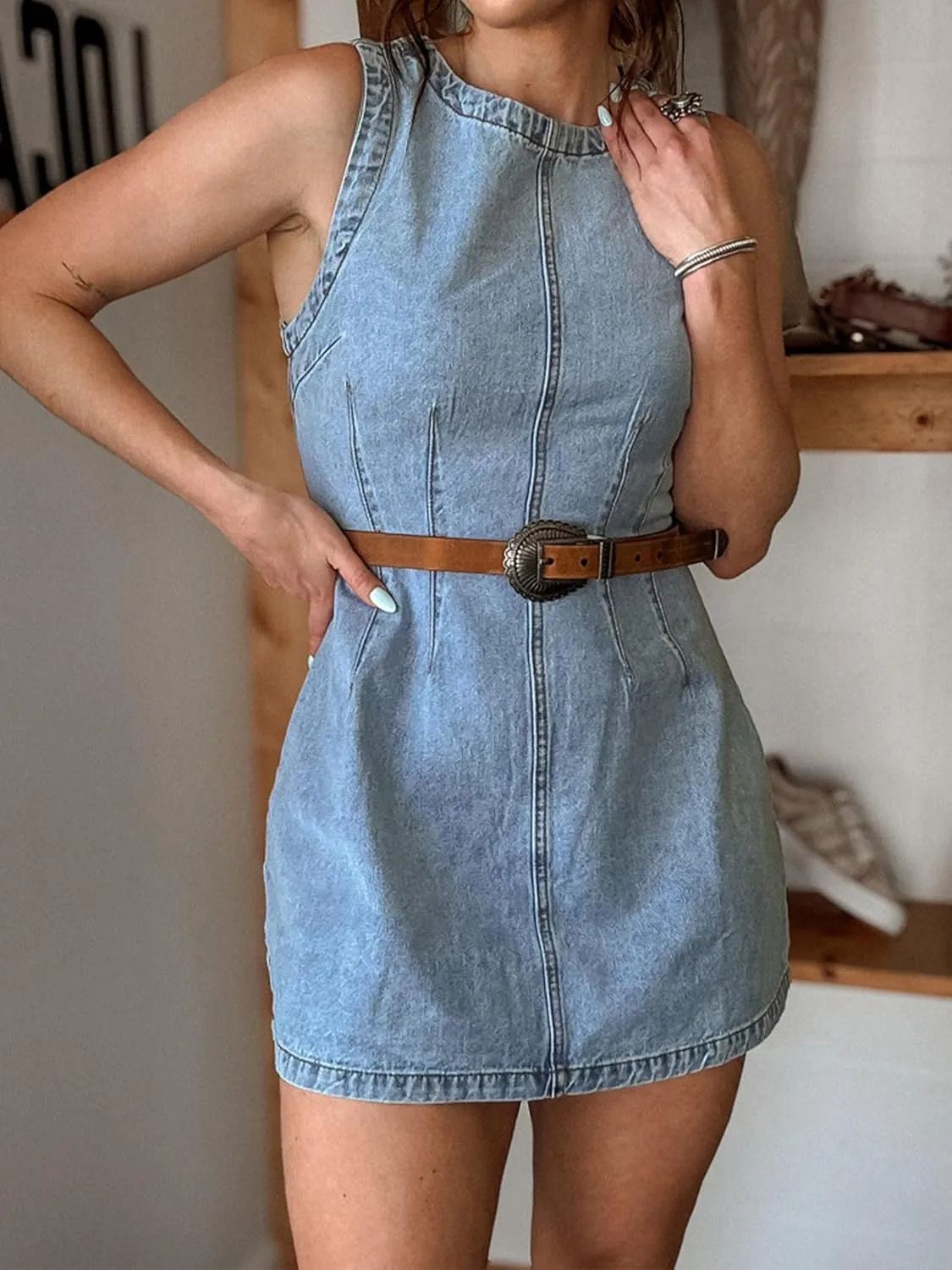 Womens Denim Dress Sleeveless Crewneck Bodycon Denim Mini Dress 2025 Summer Casual Jean Dresses