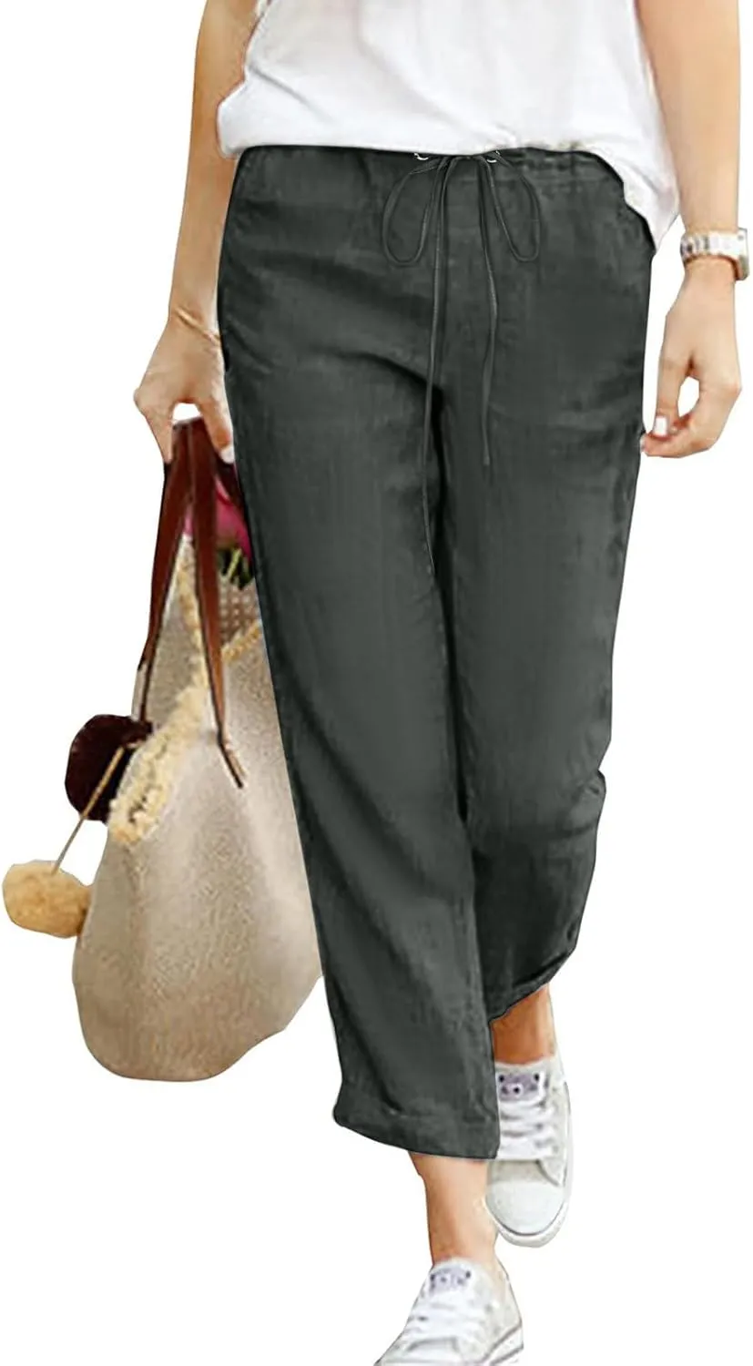 Women's Linen Summer Trousers 7/8 Casual Lightweight Cotton Linen Trousers Comfortable Beach Pants with Pockets