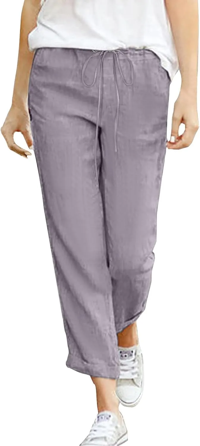 Women's Linen Summer Trousers 7/8 Casual Lightweight Cotton Linen Trousers Comfortable Beach Pants with Pockets