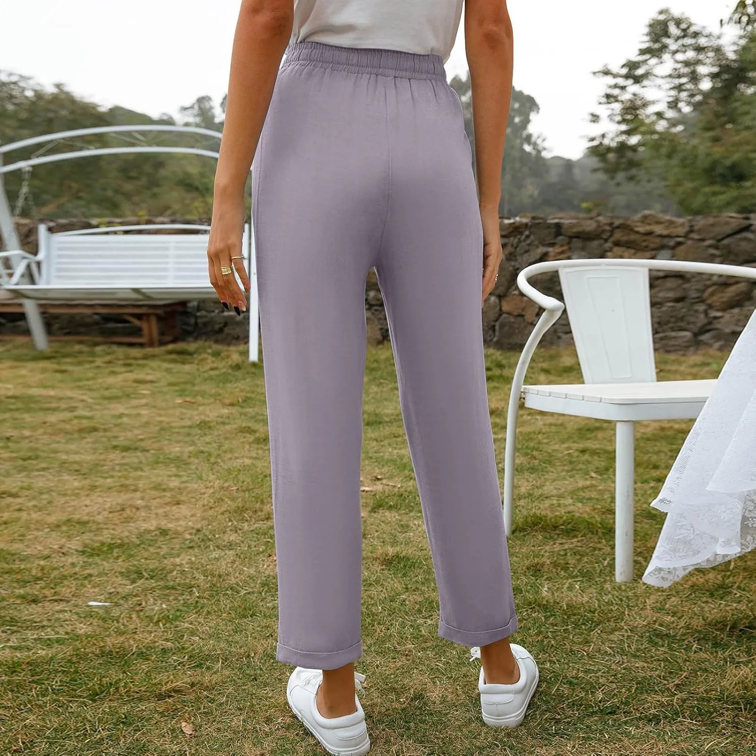 Women's Linen Summer Trousers 7/8 Casual Lightweight Cotton Linen Trousers Comfortable Beach Pants with Pockets