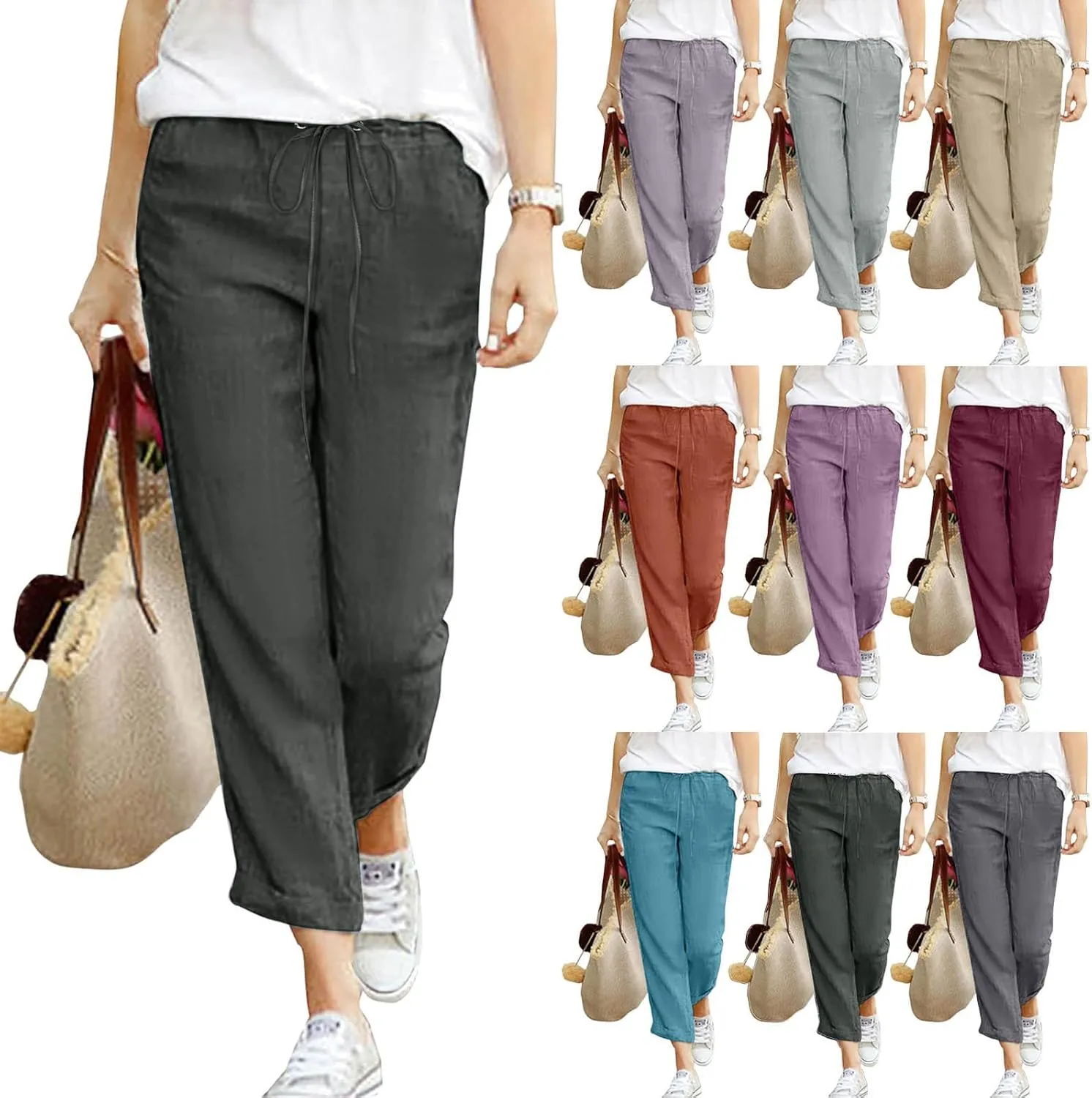 Women's Linen Summer Trousers 7/8 Casual Lightweight Cotton Linen Trousers Comfortable Beach Pants with Pockets