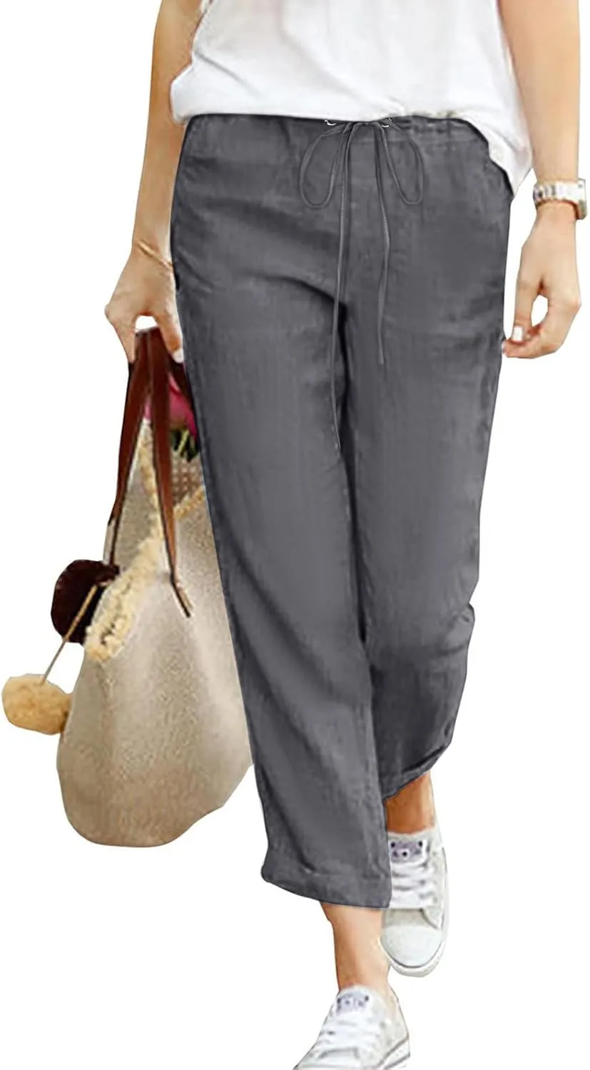 Women's Linen Summer Trousers 7/8 Casual Lightweight Cotton Linen Trousers Comfortable Beach Pants with Pockets