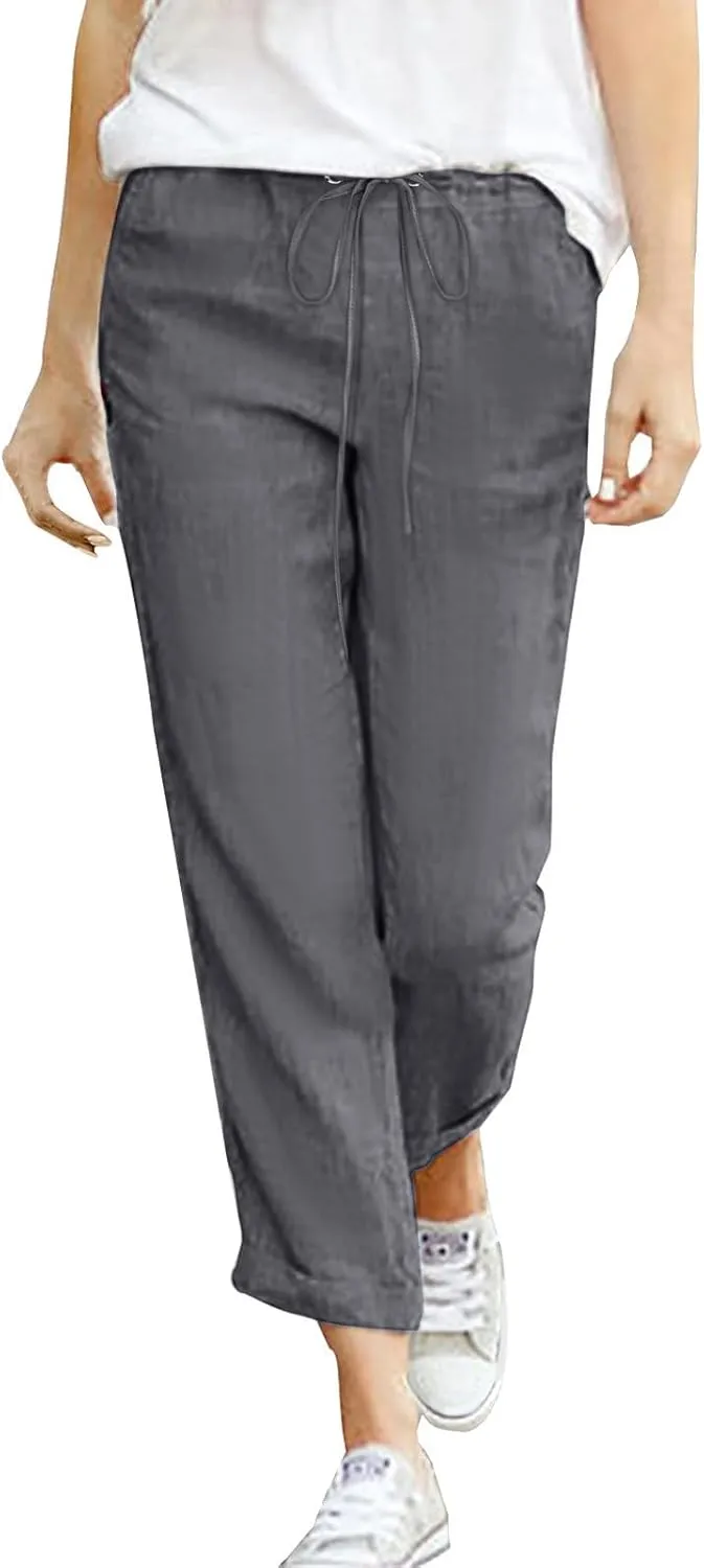 Women's Linen Summer Trousers 7/8 Casual Lightweight Cotton Linen Trousers Comfortable Beach Pants with Pockets