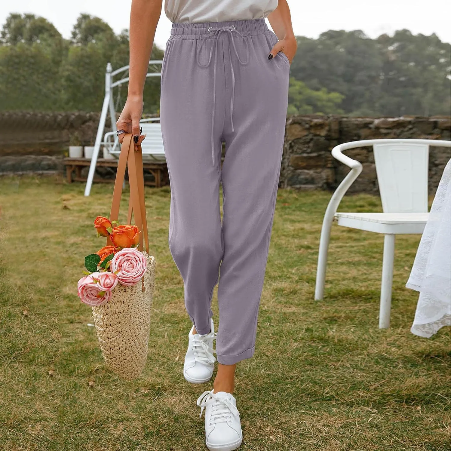 Women's Linen Summer Trousers 7/8 Casual Lightweight Cotton Linen Trousers Comfortable Beach Pants with Pockets