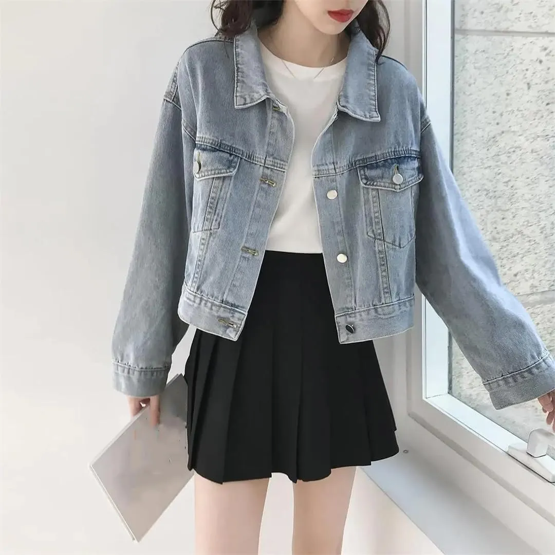 Women's Short Denim Jacket Solid Color Button Casual Washed Jean Coat