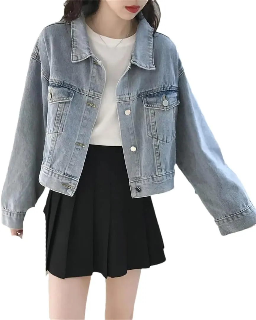 Women's Short Denim Jacket Solid Color Button Casual Washed Jean Coat