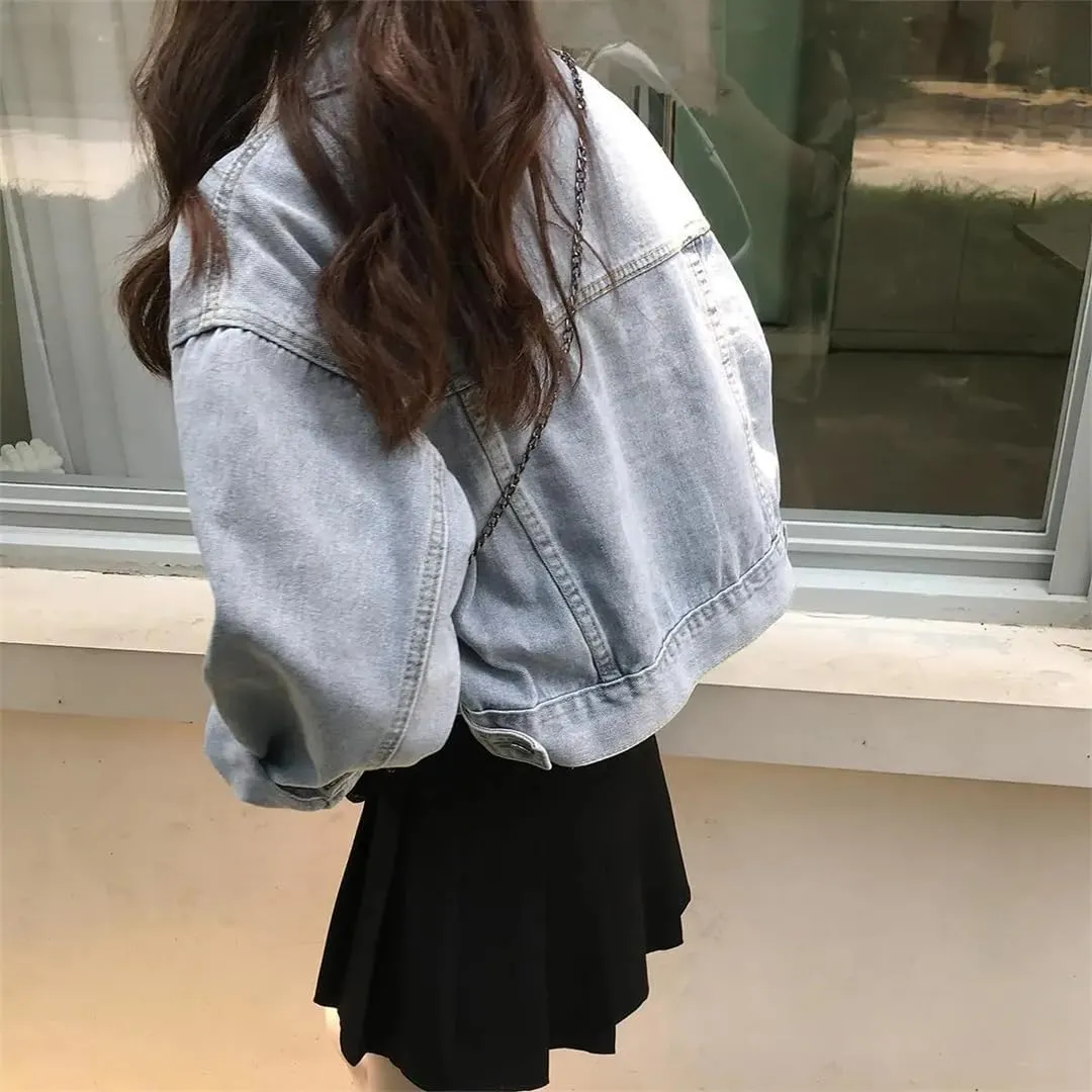 Women's Short Denim Jacket Solid Color Button Casual Washed Jean Coat