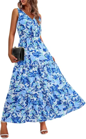 Womens Summer Floral Maxi Dress Sleeveless Wrap V Neck Flowy Dress Boho Elegant Beach Long Dress Wedding Guest Dress