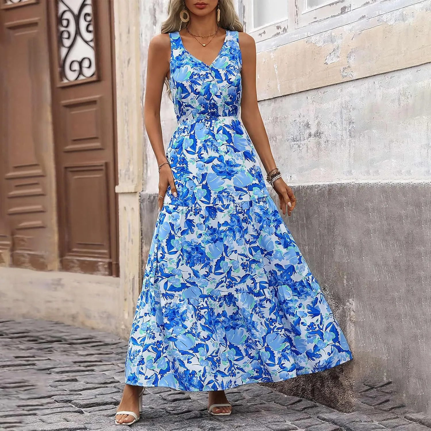Womens Summer Floral Maxi Dress Sleeveless Wrap V Neck Flowy Dress Boho Elegant Beach Long Dress Wedding Guest Dress