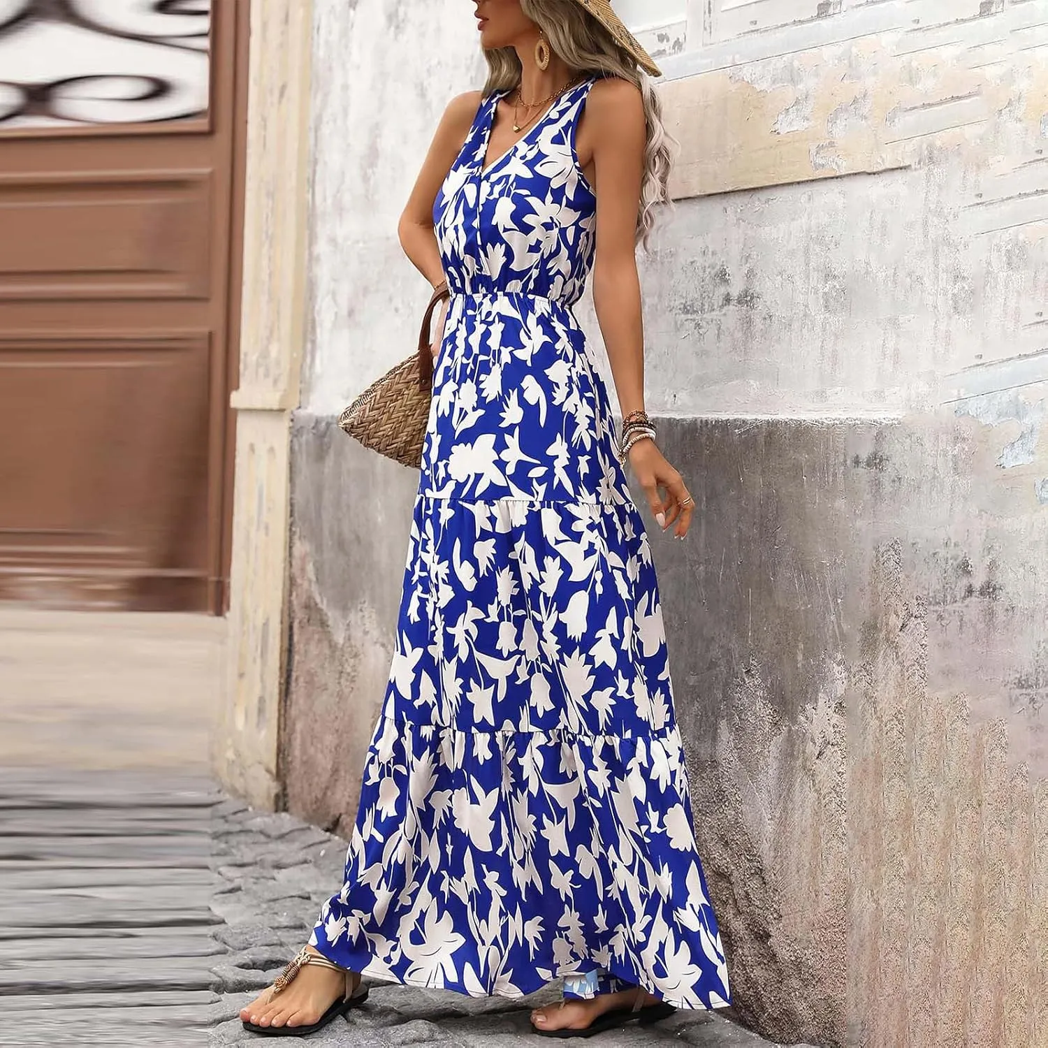Womens Summer Floral Maxi Dress Sleeveless Wrap V Neck Flowy Dress Boho Elegant Beach Long Dress Wedding Guest Dress