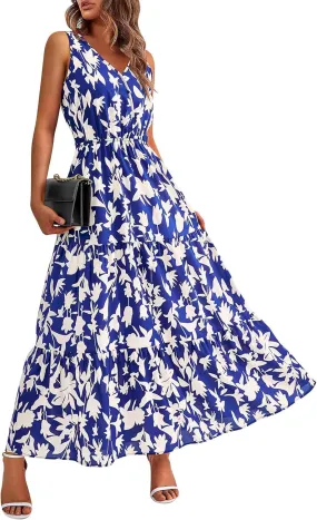 Womens Summer Floral Maxi Dress Sleeveless Wrap V Neck Flowy Dress Boho Elegant Beach Long Dress Wedding Guest Dress