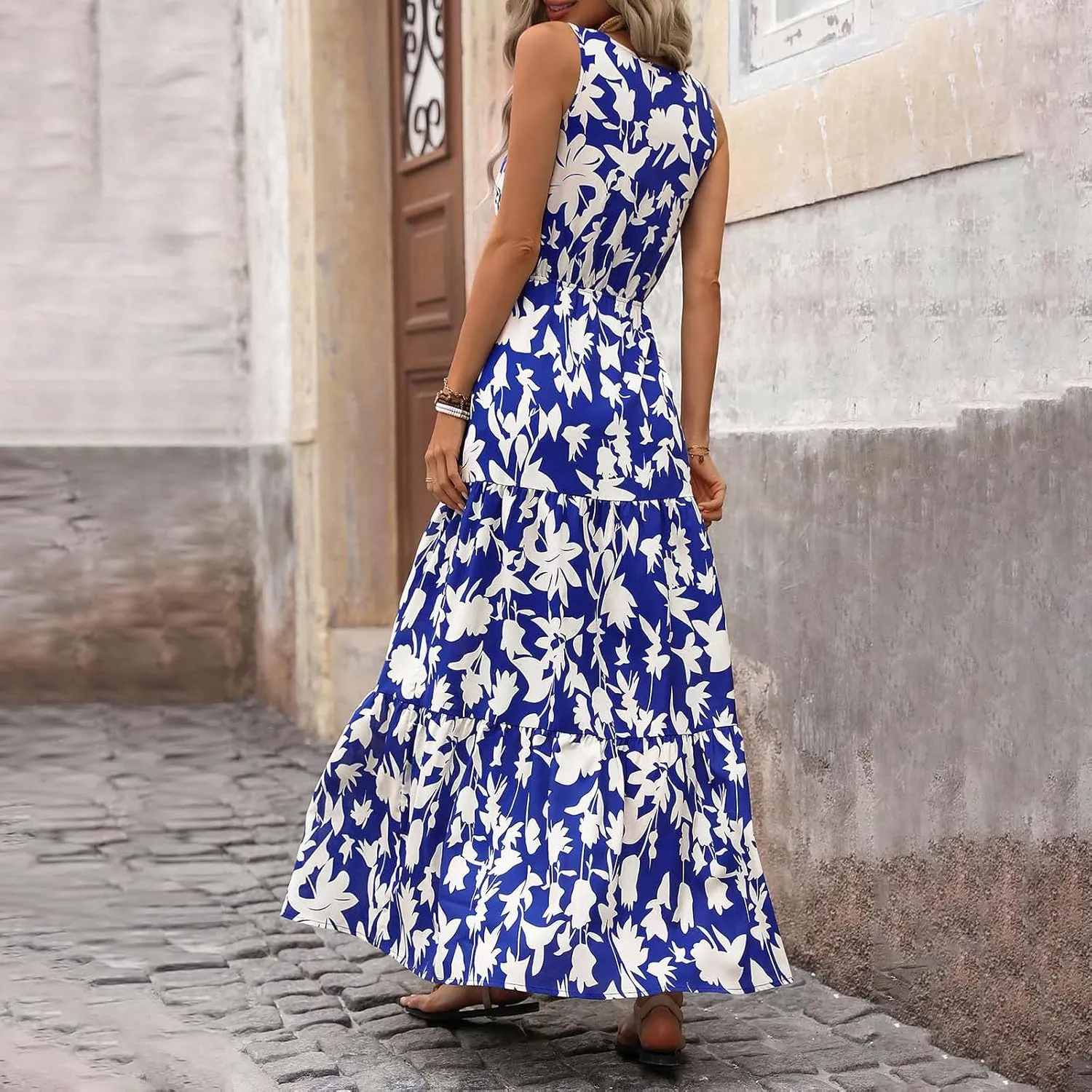 Womens Summer Floral Maxi Dress Sleeveless Wrap V Neck Flowy Dress Boho Elegant Beach Long Dress Wedding Guest Dress