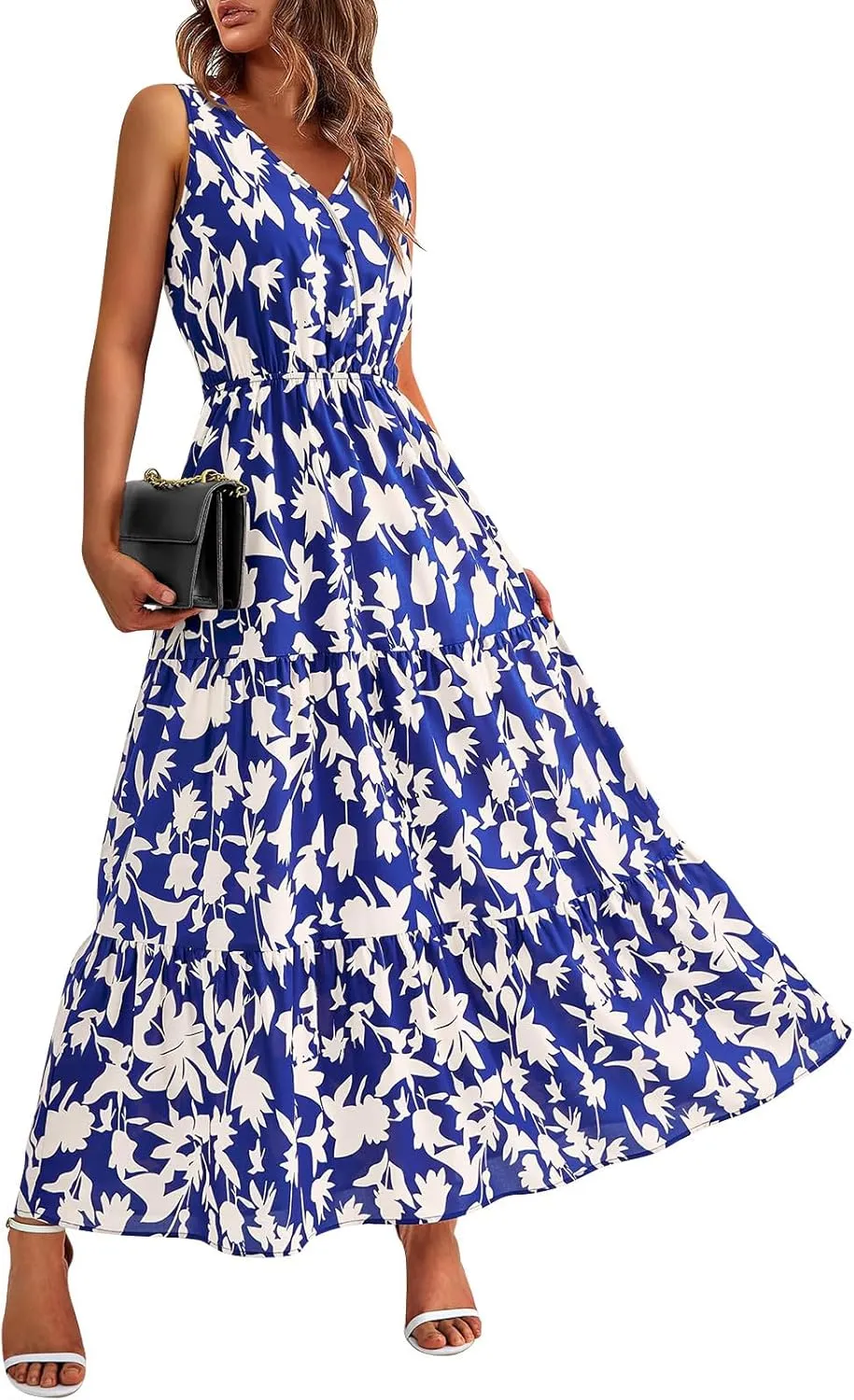 Womens Summer Floral Maxi Dress Sleeveless Wrap V Neck Flowy Dress Boho Elegant Beach Long Dress Wedding Guest Dress