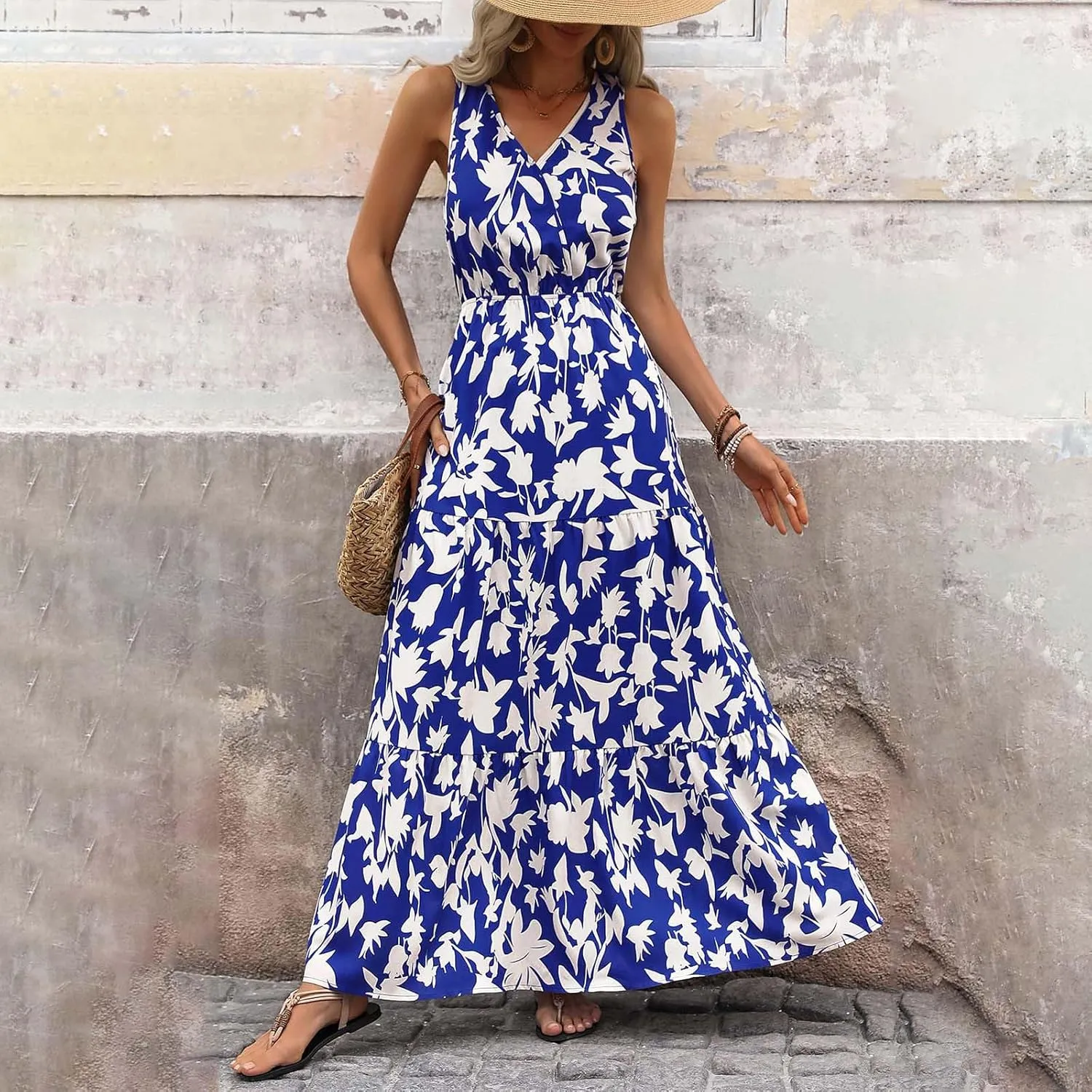 Womens Summer Floral Maxi Dress Sleeveless Wrap V Neck Flowy Dress Boho Elegant Beach Long Dress Wedding Guest Dress