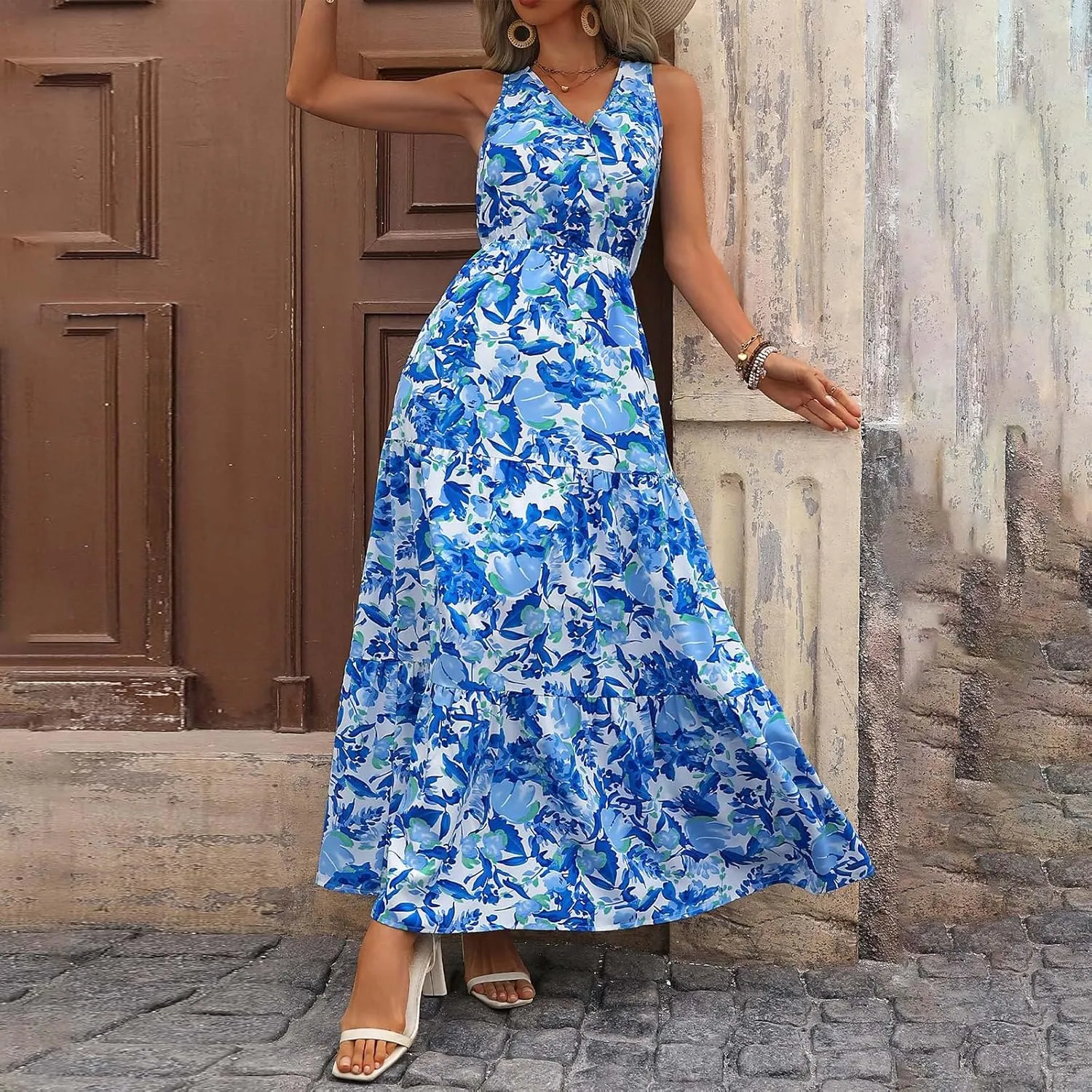 Womens Summer Floral Maxi Dress Sleeveless Wrap V Neck Flowy Dress Boho Elegant Beach Long Dress Wedding Guest Dress