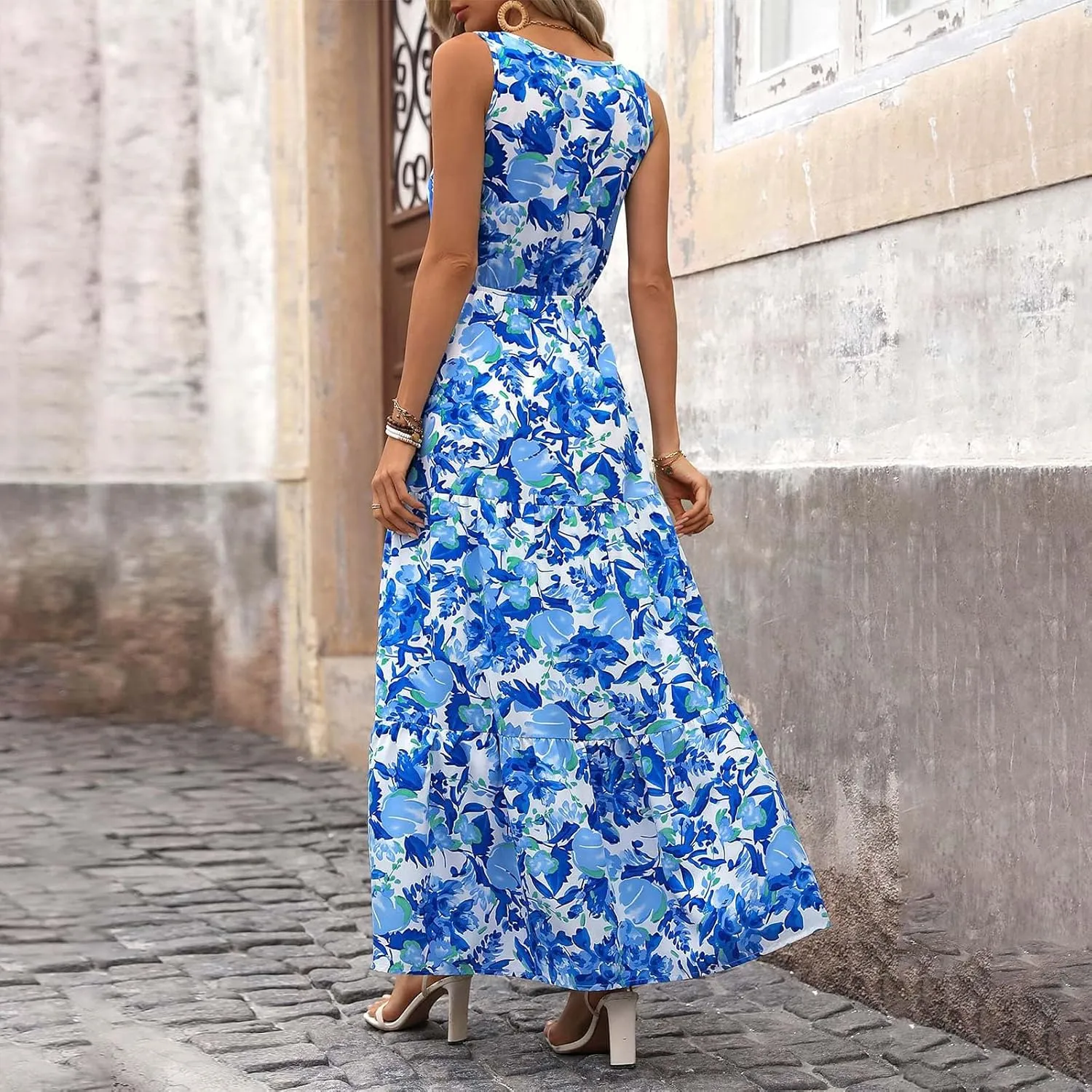 Womens Summer Floral Maxi Dress Sleeveless Wrap V Neck Flowy Dress Boho Elegant Beach Long Dress Wedding Guest Dress