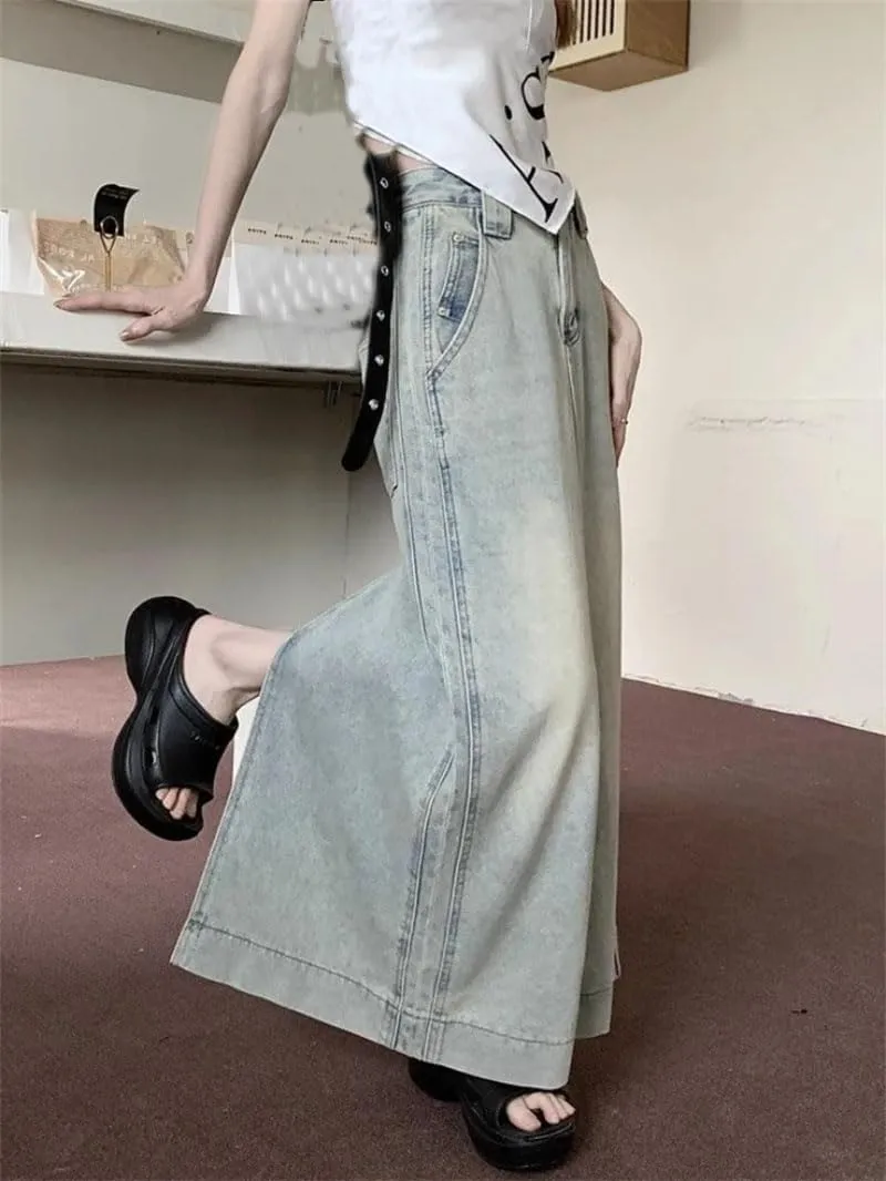 Women's Vintage Denim Long Skirts Backslit High Waist Casual A-Line Half Skirt