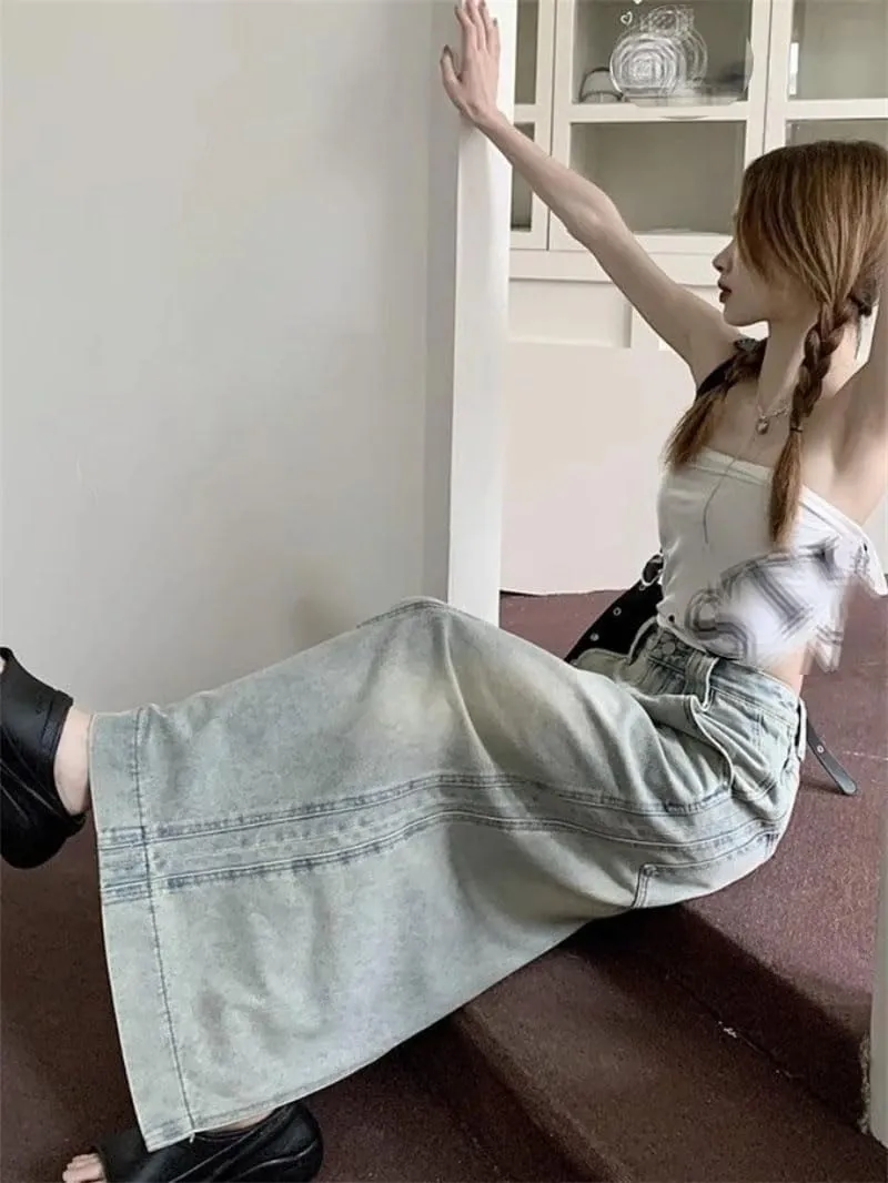 Women's Vintage Denim Long Skirts Backslit High Waist Casual A-Line Half Skirt