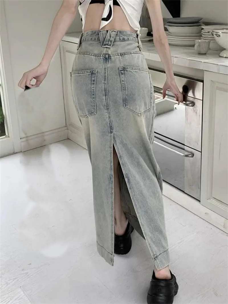Women's Vintage Denim Long Skirts Backslit High Waist Casual A-Line Half Skirt