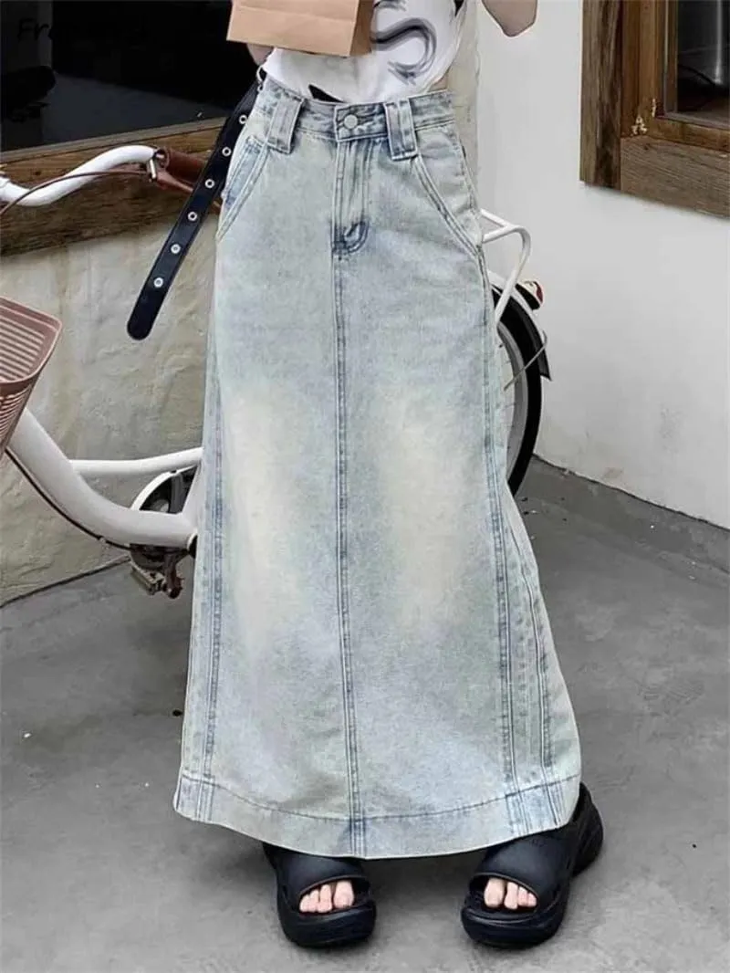 Women's Vintage Denim Long Skirts Backslit High Waist Casual A-Line Half Skirt
