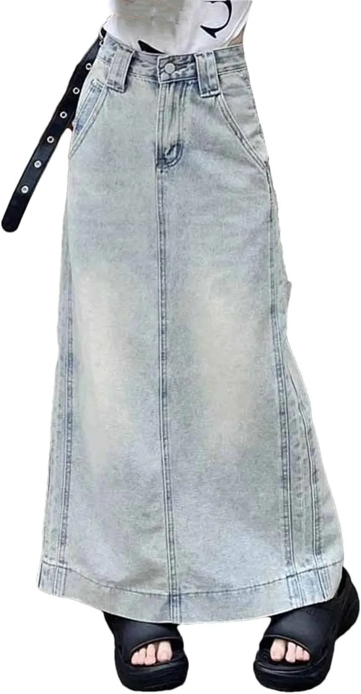 Women's Vintage Denim Long Skirts Backslit High Waist Casual A-Line Half Skirt